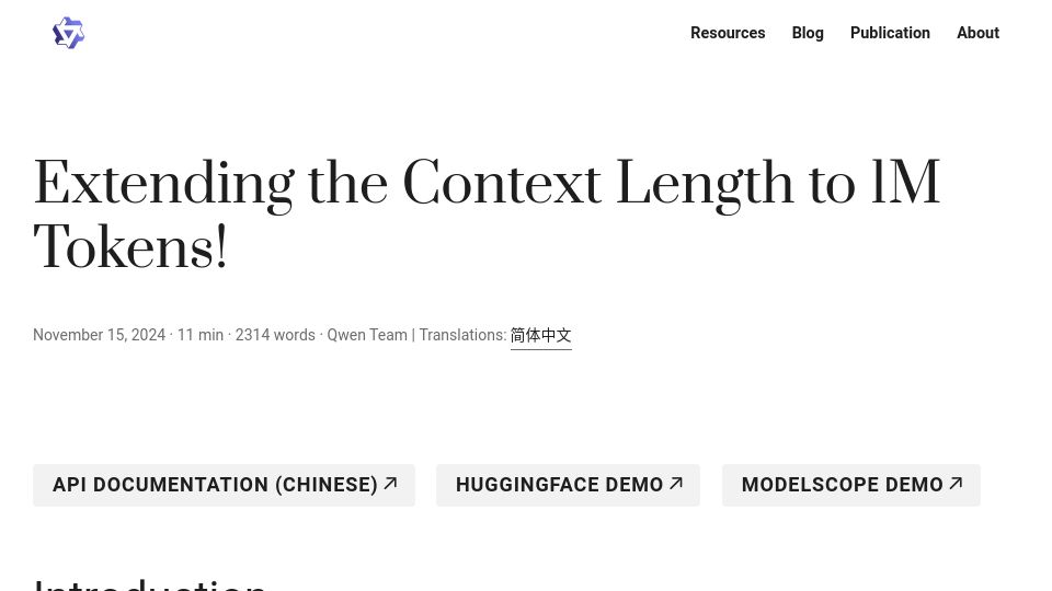 Screenshot of qwenlm.github.io: Extending the context length to 1M tokens
