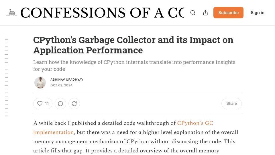 Screenshot of blog.codingconfessions.com: CPython's Garbage Collector and Its Impact on Application Performance