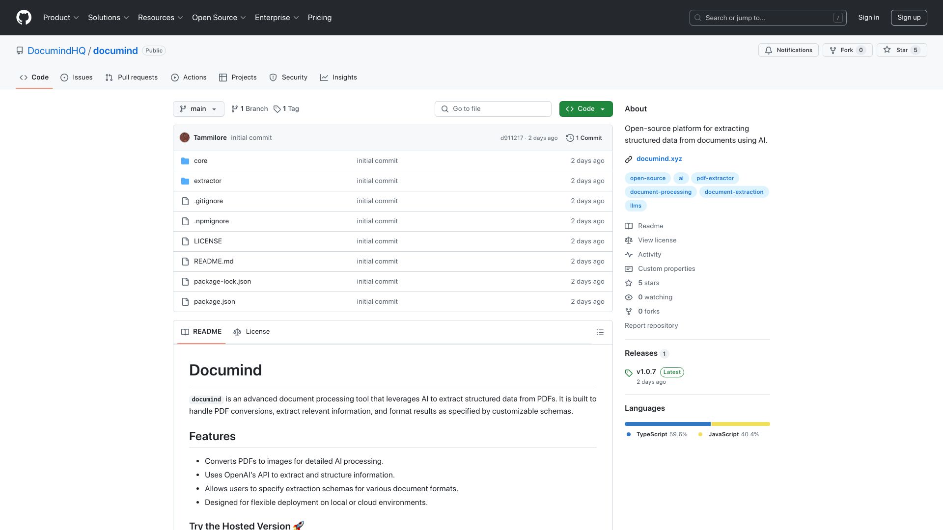 Screenshot of github.com: Show HN: Documind – Open-source AI tool to turn documents into structured data