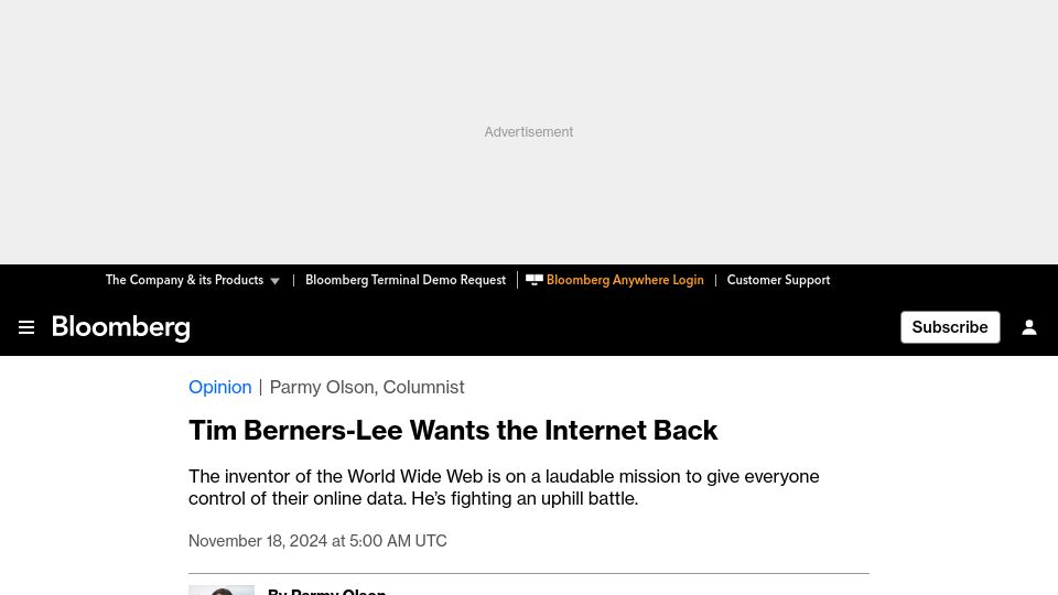 Screenshot of bloomberg.com: Tim Berners-Lee Wants the Internet Back