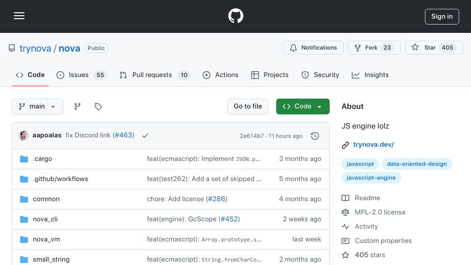 Screenshot of github.com: Show HN: Nova JavaScript Engine