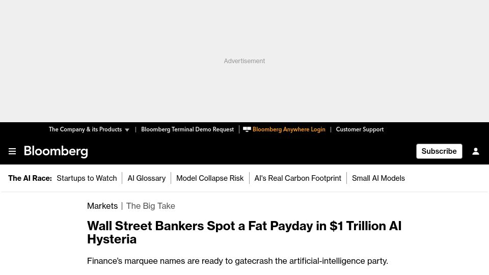 Screenshot of bloomberg.com: Wall Street Bankers Spot a Fat Payday in $1T AI Hysteria
