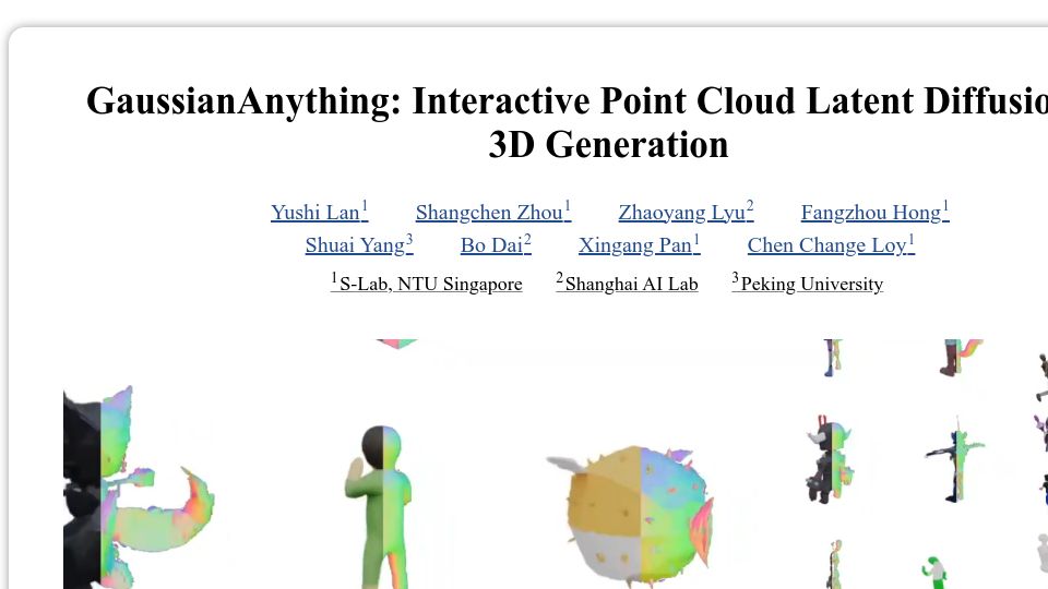 Screenshot of nirvanalan.github.io: GaussianAnything: Interactive Point Cloud Latent Diffusion for 3D Generation