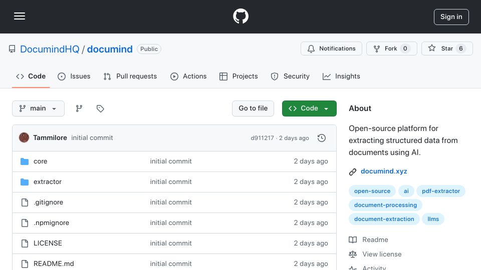 Screenshot of github.com: Show HN: Documind – Open-source AI tool to turn documents into structured data