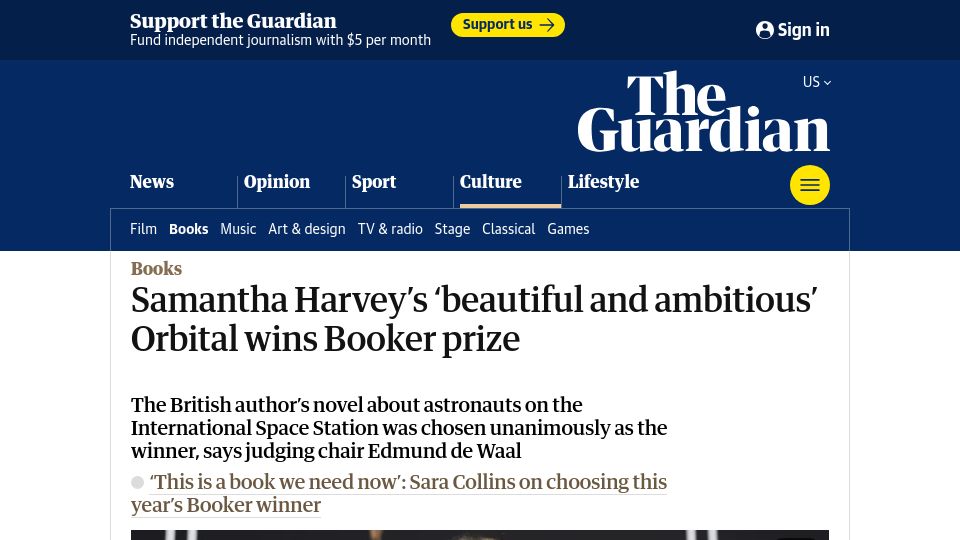 Screenshot of theguardian.com: Samantha Harvey's 'beautiful and ambitious' Orbital wins Booker prize