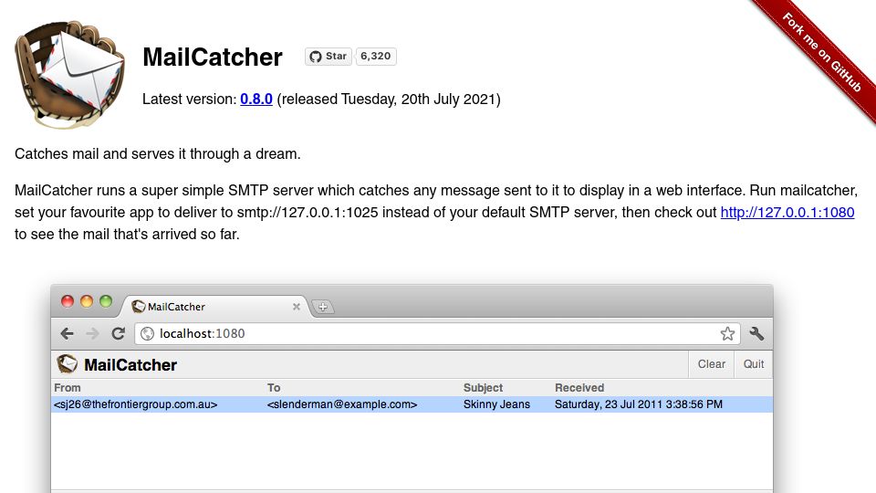 Screenshot of mailcatcher.me: MailCatcher runs a super simple SMTP server