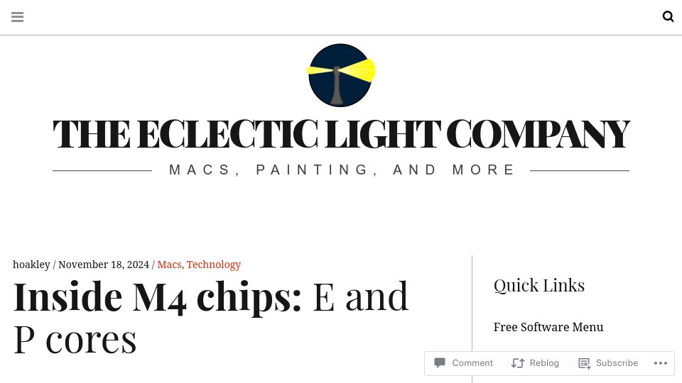 Screenshot of eclecticlight.co: M4 chips: E and P cores