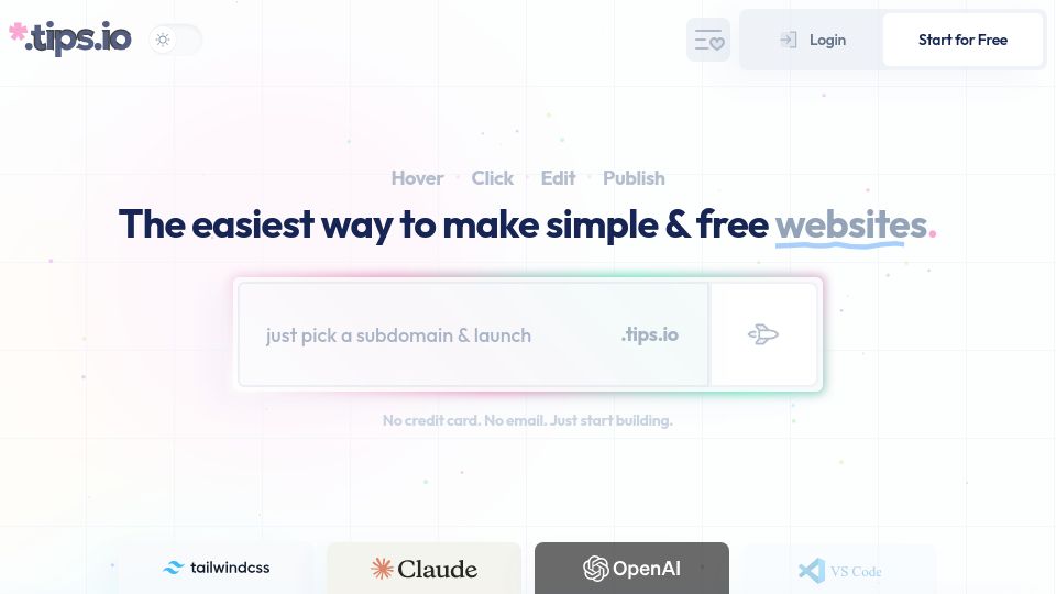 Screenshot of tips.io: Show HN: Tips.io – A Tailwind playground with AI, page management, and theming