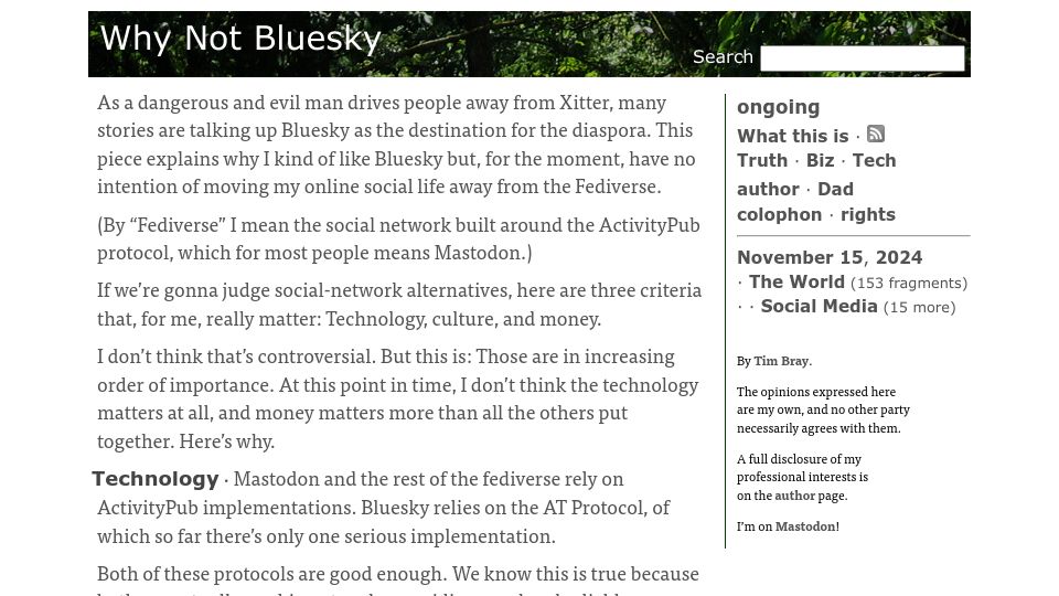 Screenshot of tbray.org: Why Not Bluesky
