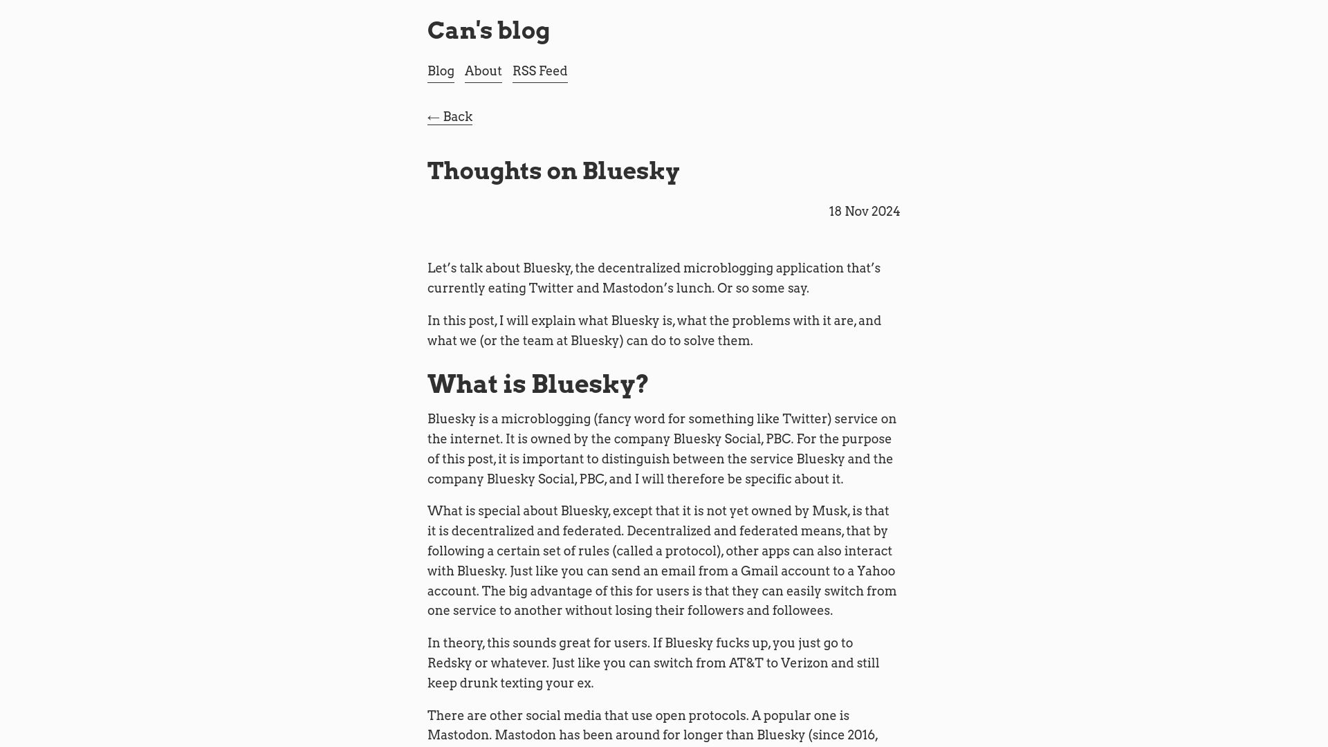 Screenshot of canolcer.com: Thoughts on Bluesky