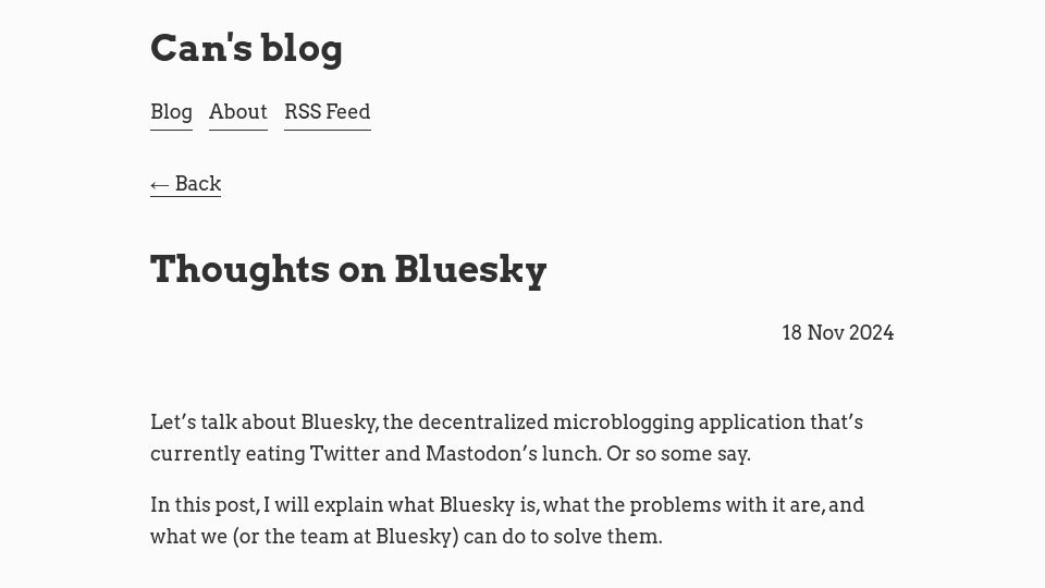 Screenshot of canolcer.com: Thoughts on Bluesky