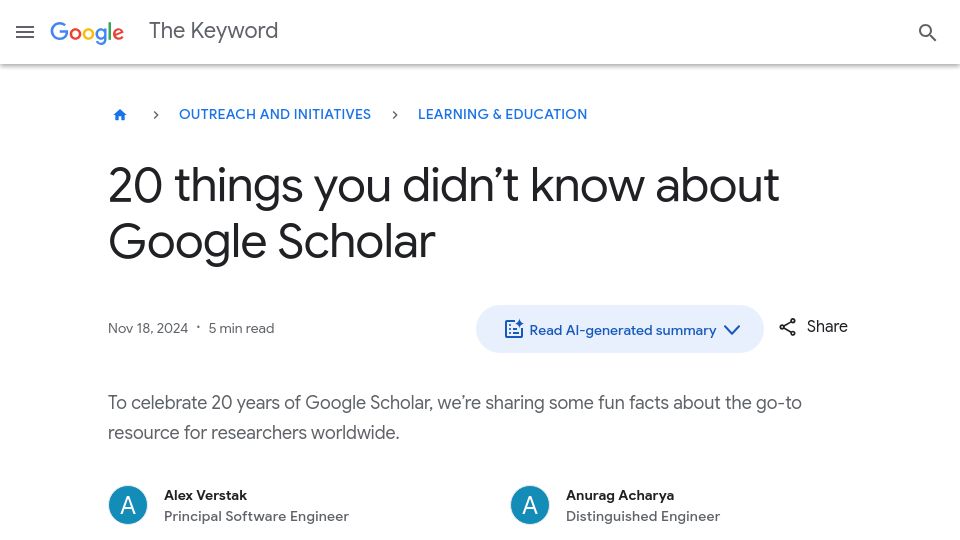 Screenshot of blog.google: 20 years of Google Scholar