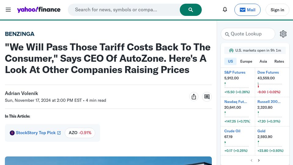 Screenshot of finance.yahoo.com: "We Will Pass Those Tariff Costs Back to the Consumer," Says CEO of AutoZone
