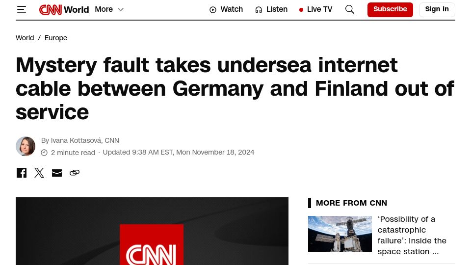 Screenshot of cnn.com: Two undersea cables in Baltic Sea disrupted