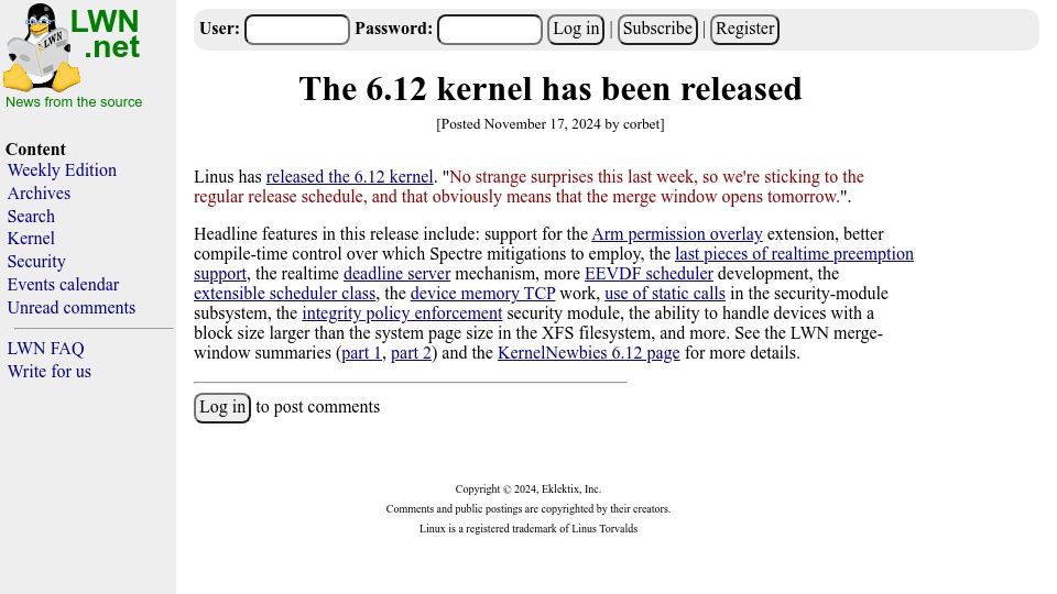 Screenshot of lwn.net: Linux kernel 6.12 has been released