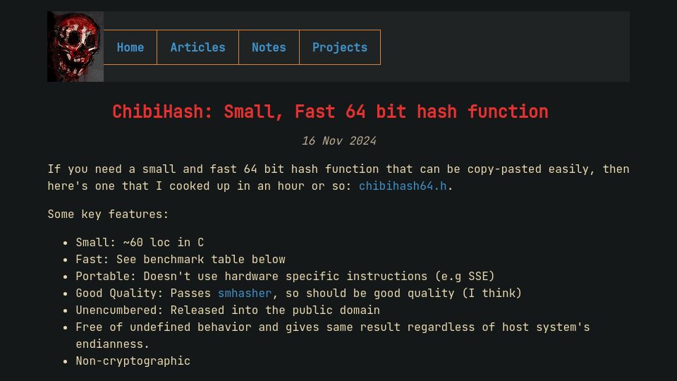 Screenshot of nrk.neocities.org: ChibiHash: Small, Fast 64 bit hash function