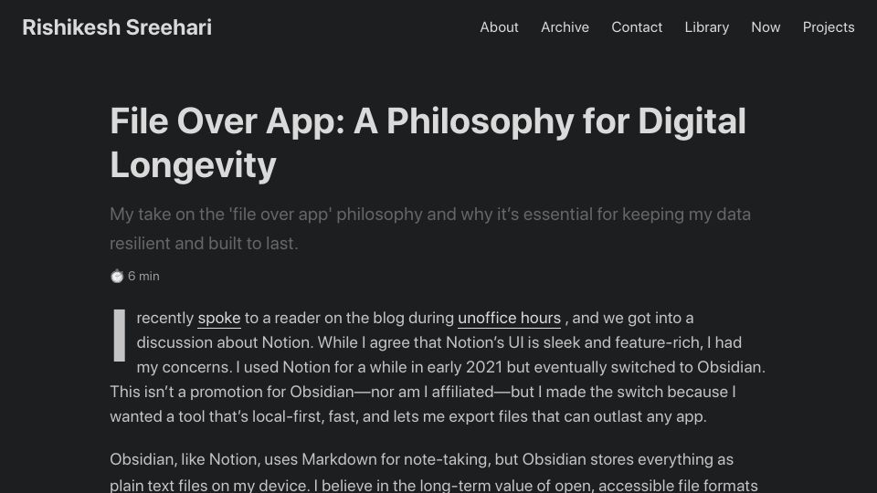 Screenshot of rishikeshs.com: File over App: A Philosophy for Digital Longevity