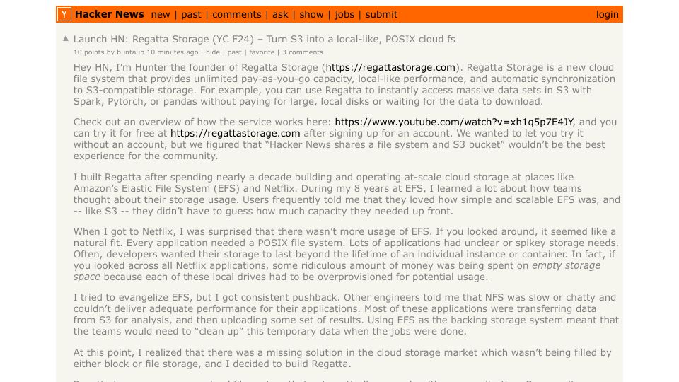 Screenshot of Hacker News post: Launch HN: Regatta Storage (YC F24) – Turn S3 into a local-like, POSIX cloud FS