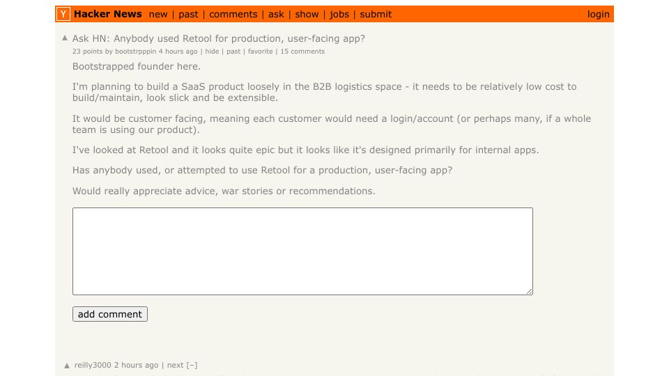 Screenshot of Hacker News post: Ask HN: Anybody used Retool for production, user-facing app?