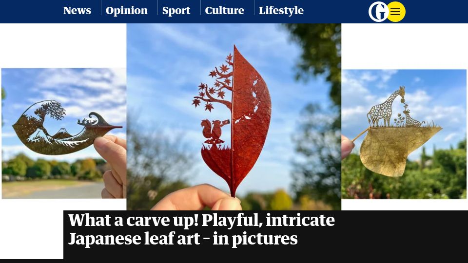 Screenshot of theguardian.com: Playful, intricate Japanese leaf art – in pictures – Art and design