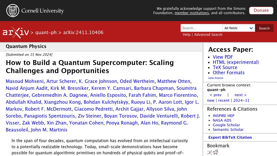 Screenshot of arxiv.org: How to Build a Quantum Supercomputer: Scaling Challenges and Opportunities