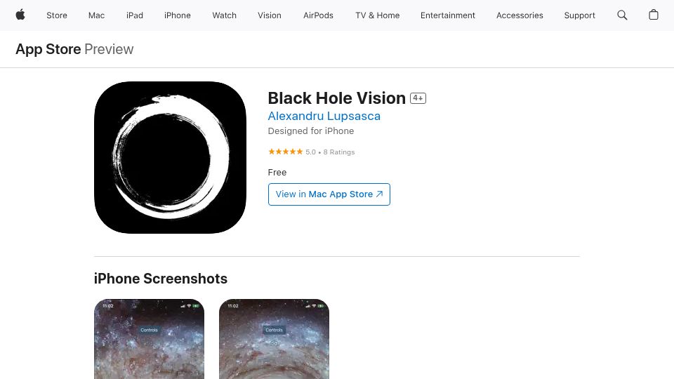 Screenshot of apps.apple.com: Show HN: Physically accurate black hole simulation using your iPhone camera