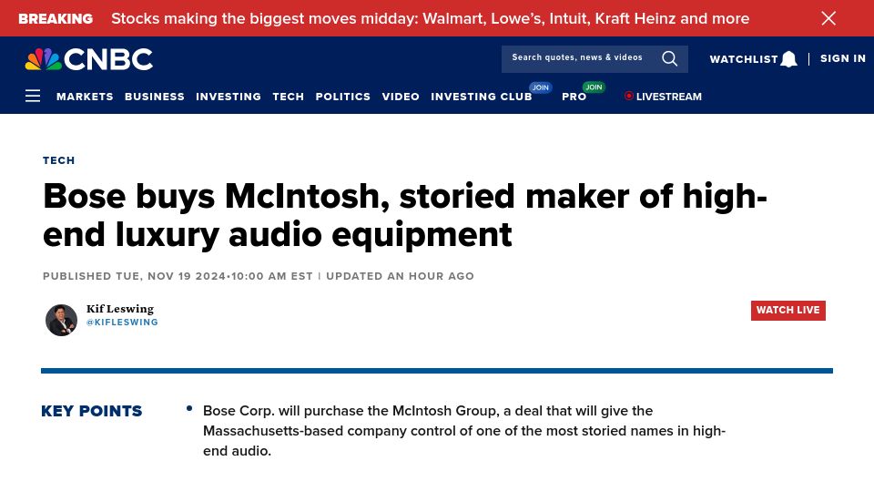 Screenshot of cnbc.com: Bose buys McIntosh, storied maker of high-end luxury audio equipment