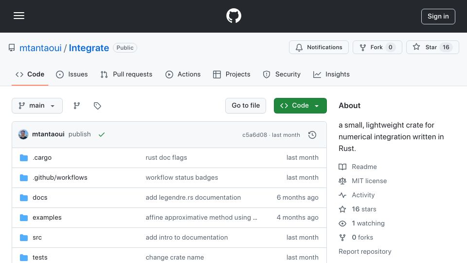 Screenshot of github.com: Show HN: Rust library for numerical integration of real-valued functions