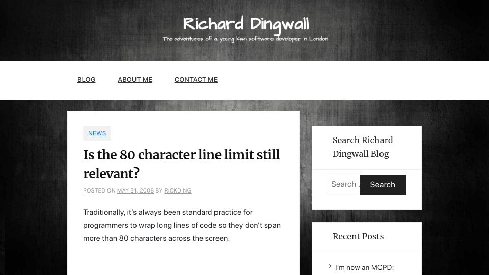Screenshot of richarddingwall.name: Is the 80 character line limit still relevant? (2008)