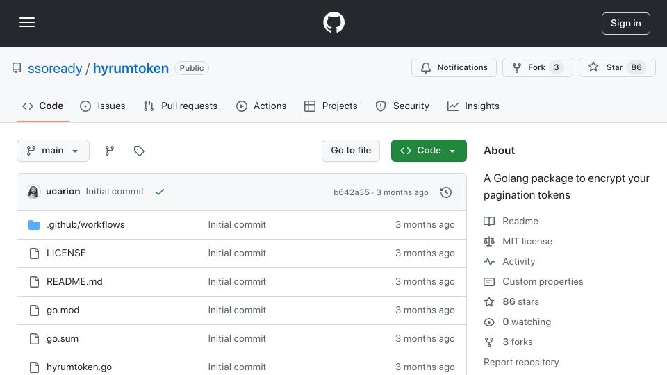 Screenshot of github.com: Hyrumtoken: A Go package to encrypt pagination tokens