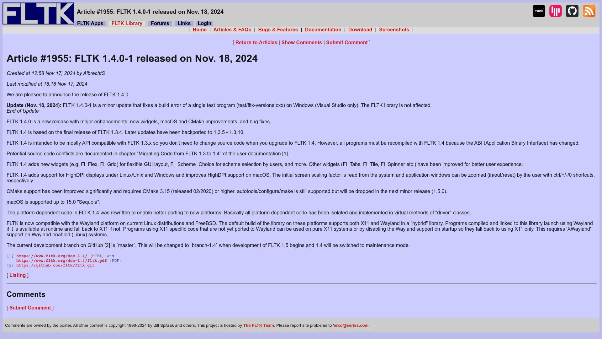 Screenshot of fltk.org: FLTK 1.4 Released