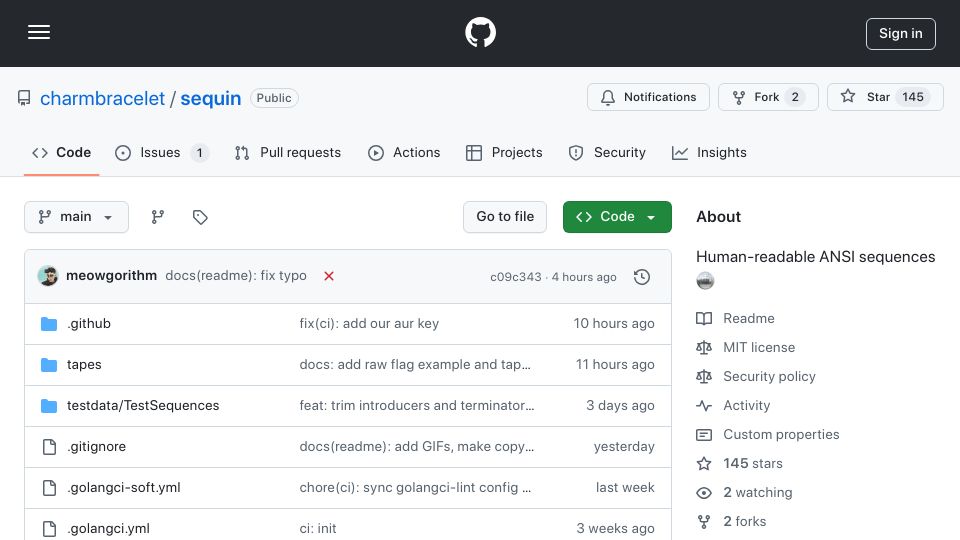 Screenshot of github.com: Sequin: A powerful little tool for inspecting ANSI escape sequences