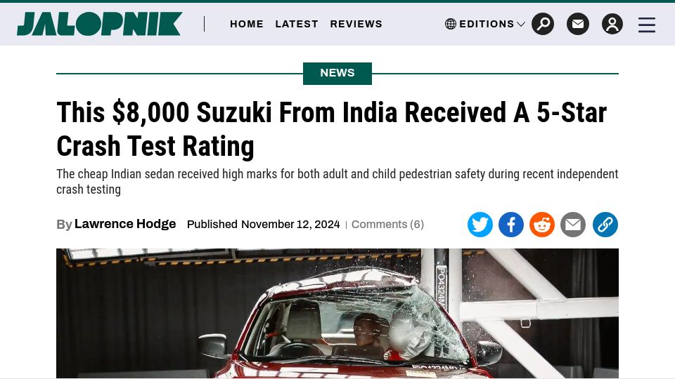 Screenshot of jalopnik.com: $8k Suzuki from India received a 5-star crash test rating