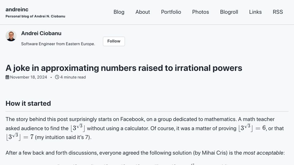 Screenshot of andreinc.net: A joke in approximating numbers raised to irrational powers