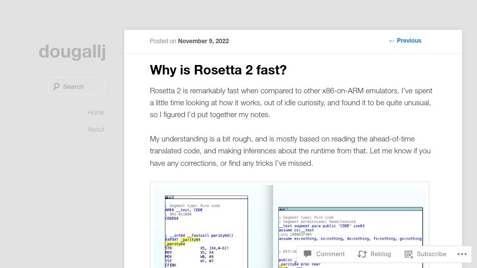 Screenshot of dougallj.wordpress.com: Why is Apple Rosetta 2 fast? (2022)