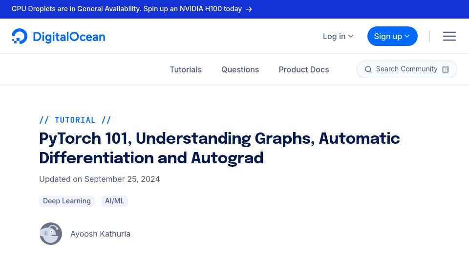 Screenshot of digitalocean.com: PyTorch 101: Understanding Graphs, Automatic Differentiation and Autograd