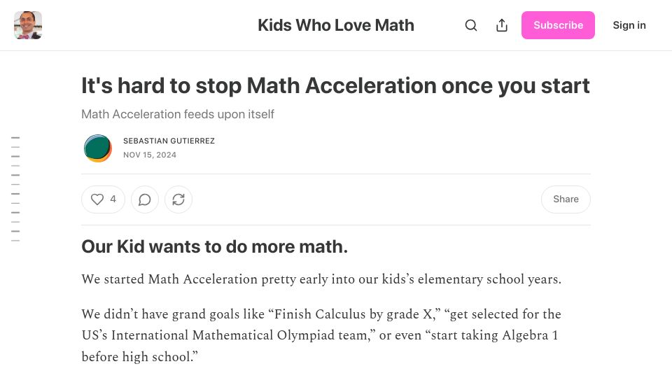 Screenshot of kidswholovemath.substack.com: It's hard to stop Math Acceleration once you start