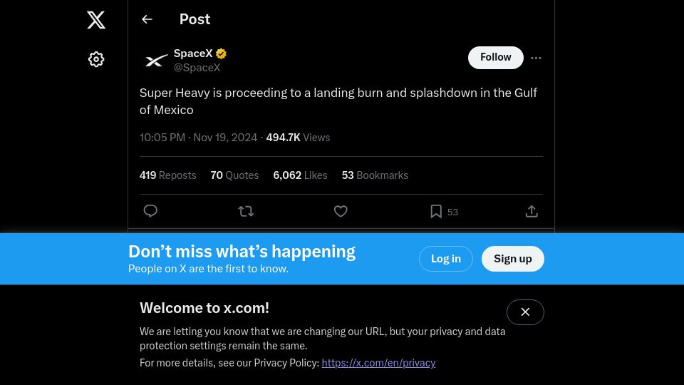 Screenshot of twitter.com: SpaceX Super Heavy splashes down in the gulf, canceling chopsticks landing