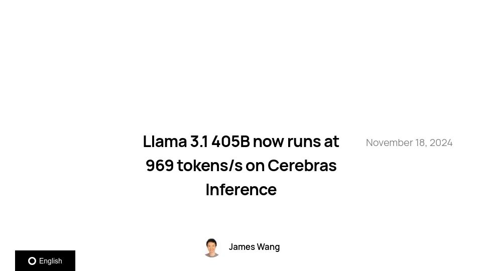 Screenshot of cerebras.ai: Llama 3.1 405B now runs at 969 tokens/s on Cerebras Inference