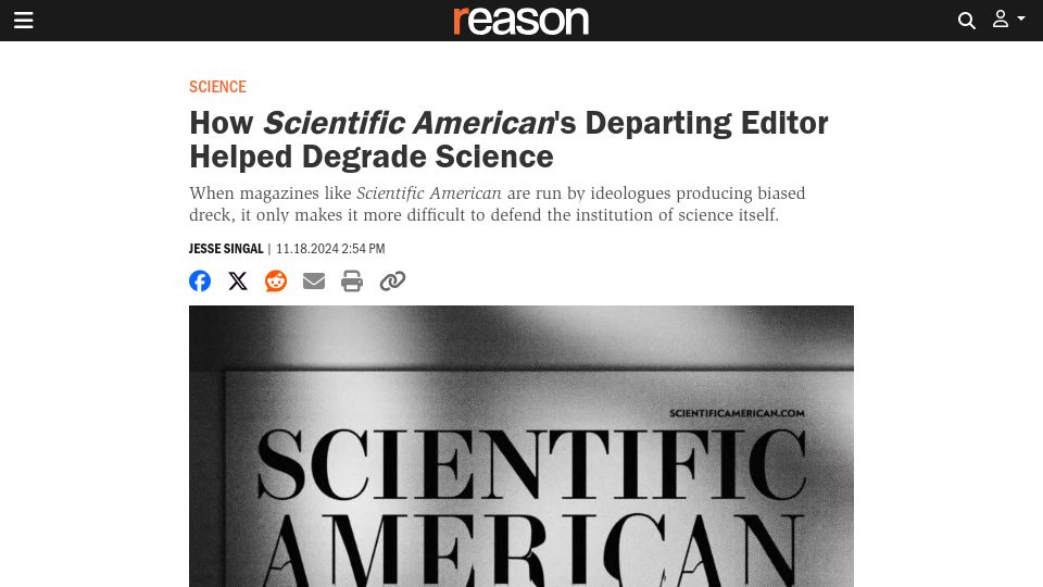 Screenshot of reason.com: Scientific American's departing editor and the politicization of science