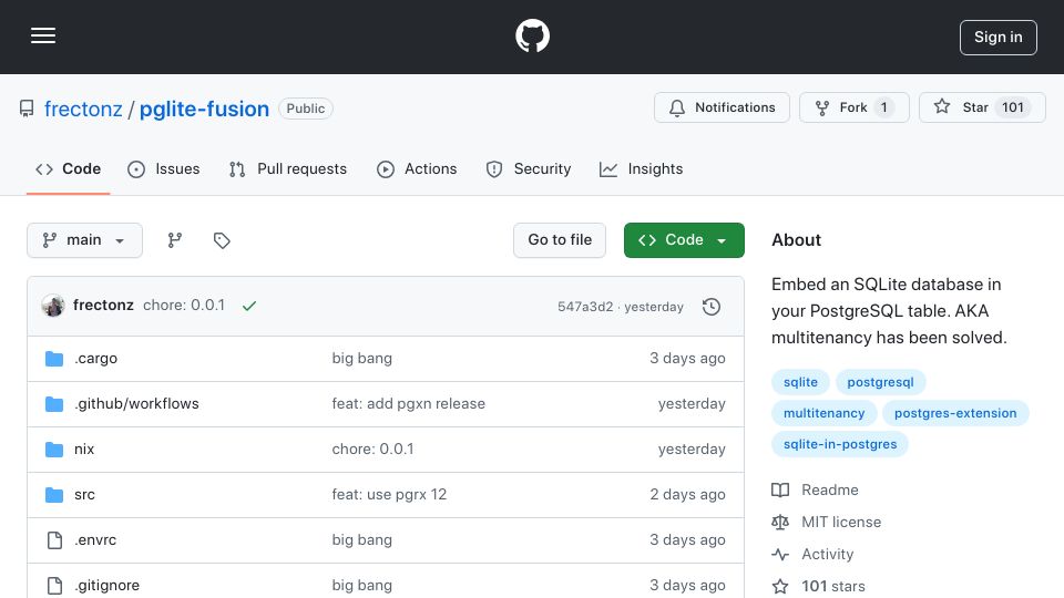 Screenshot of github.com: Show HN: Embed an SQLite database in your PostgreSQL table