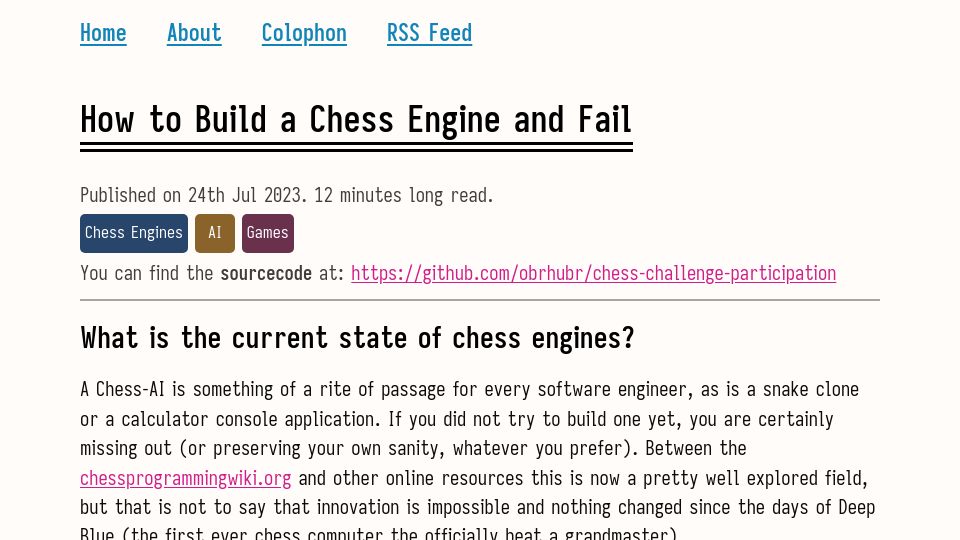 Screenshot of obrhubr.org: How to Build a Chess Engine and Fail