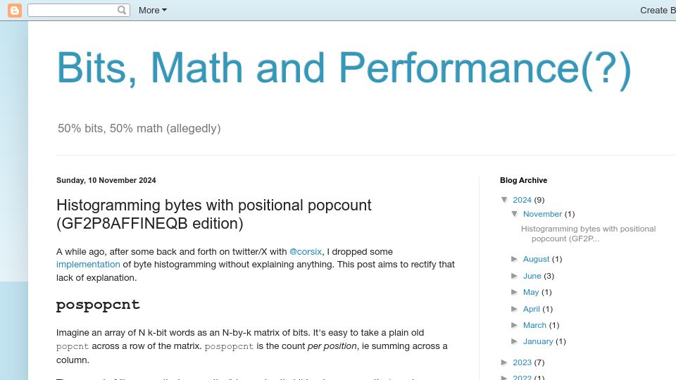 Screenshot of bitmath.blogspot.com: Histogramming Bytes with Positional Popcount