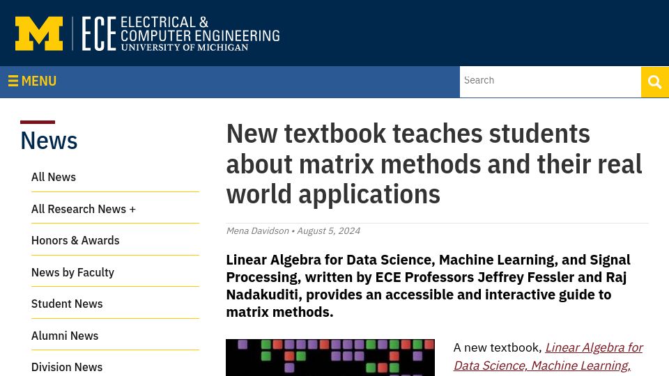 Screenshot of ece.engin.umich.edu: New textbook teaches students about matrix methods and their real world apps