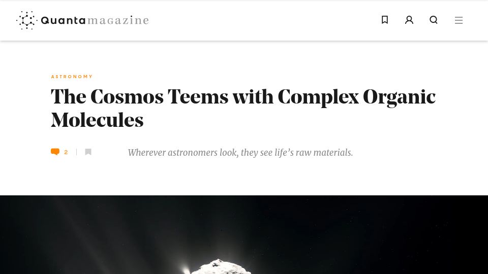 Screenshot of quantamagazine.org: The Cosmos Teams with Complex Organic Molecules