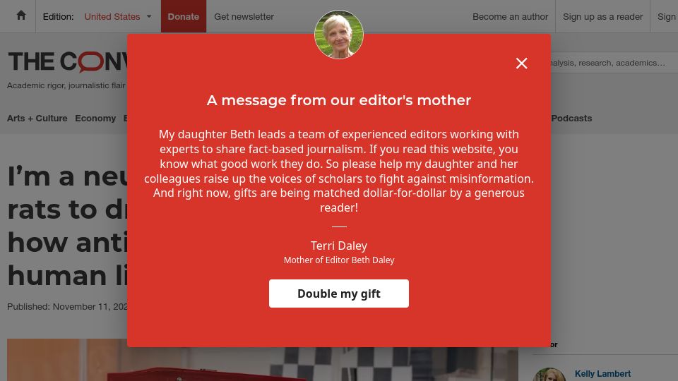 Screenshot of theconversation.com: Rats learned to drive