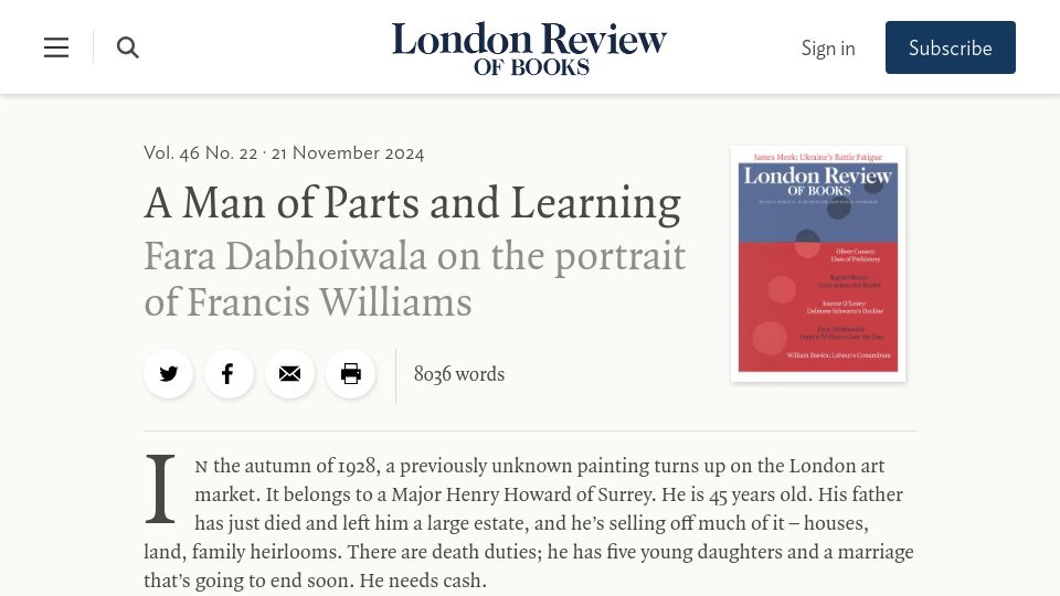 Screenshot of lrb.co.uk: A Man of Parts and Learning Fara Dabhoiwala on the Portrait of Francis Williams