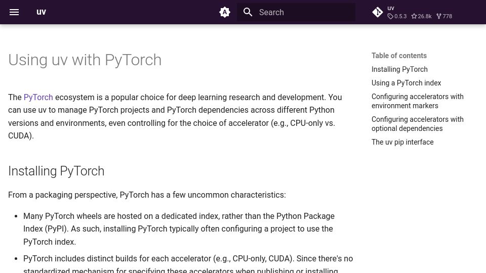 Screenshot of docs.astral.sh: Using uv with PyTorch
