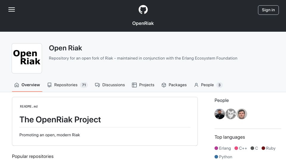 Screenshot of github.com: Open Riak – open, modern Riak fork