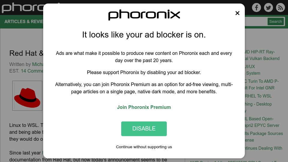 Screenshot of phoronix.com: Red Hat and Microsoft Bringing RHEL to WSL